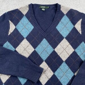 VTG J Crew Sweater Mens Large Blue Argyle V-Neck Lambswool Pullover Long Sleeve